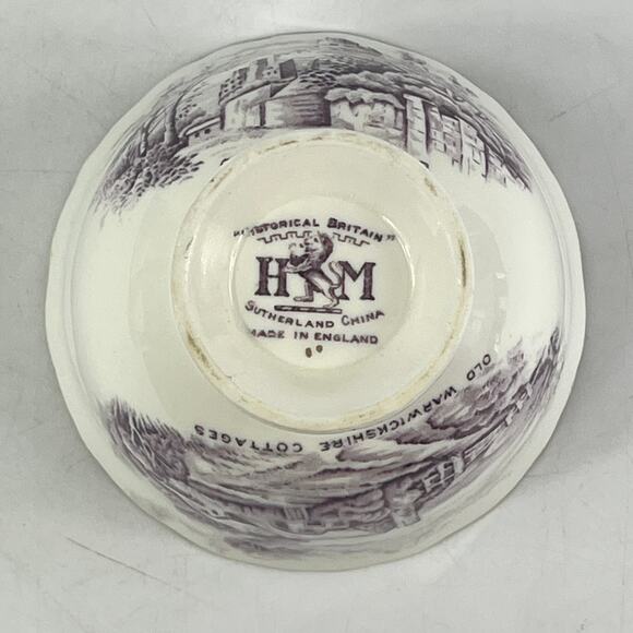 Sutherland China Tea Bowl Historical Britain Warwickshire Purple Gold Rim 1950s - Picture 6 of 13